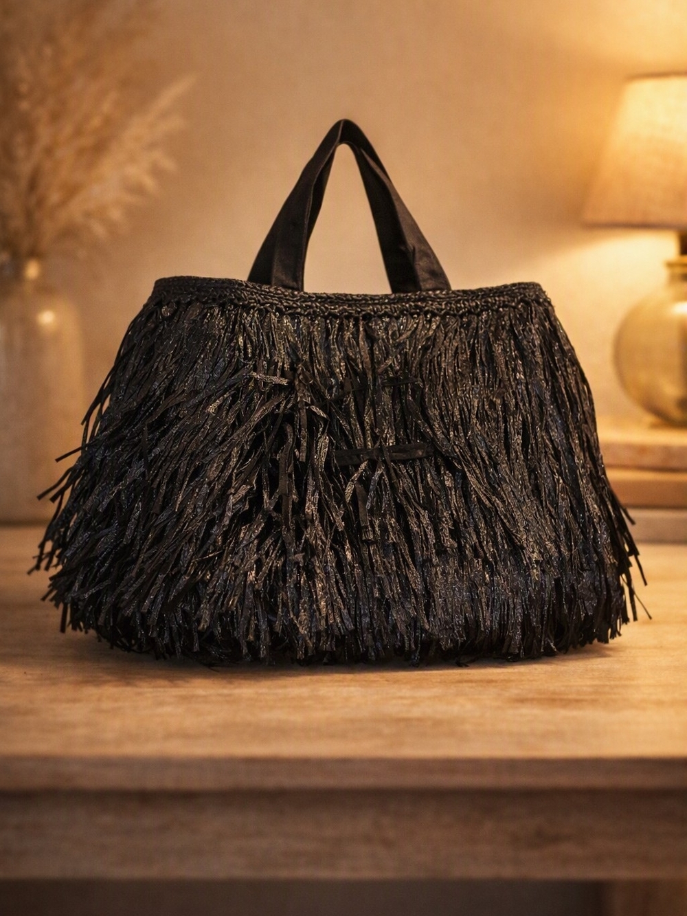 Vintage Adriana Caras Made in Italy Black Raffia Fringe Tote Bag Purse